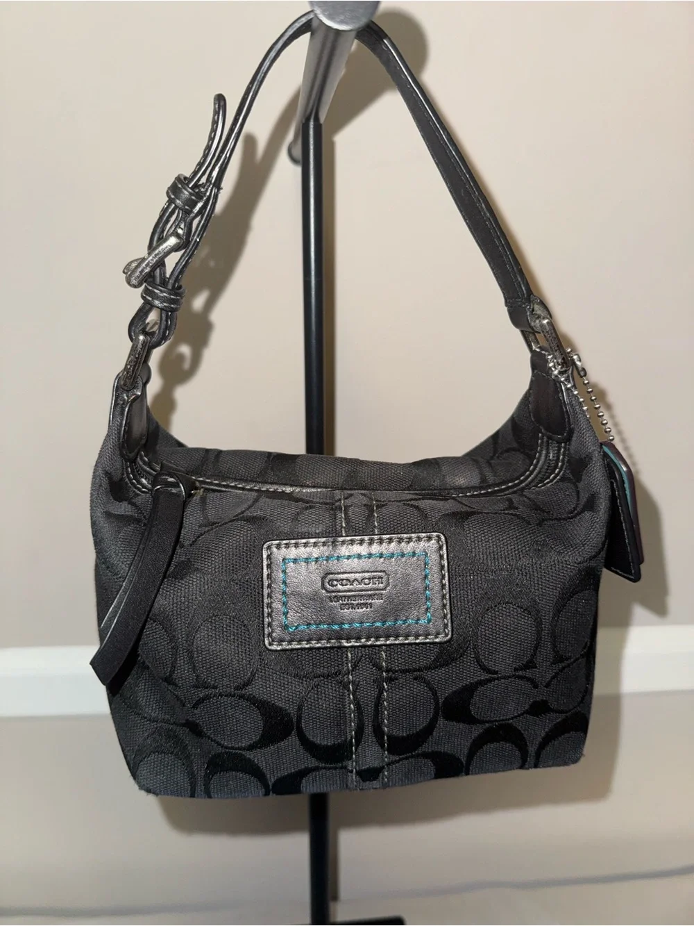 Coach Black Signature Canvas Shoulder Hobo with Leather Trim